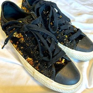 Black and Gold Sequin Converse All Star Sneakers Women Size 7 Low Top
